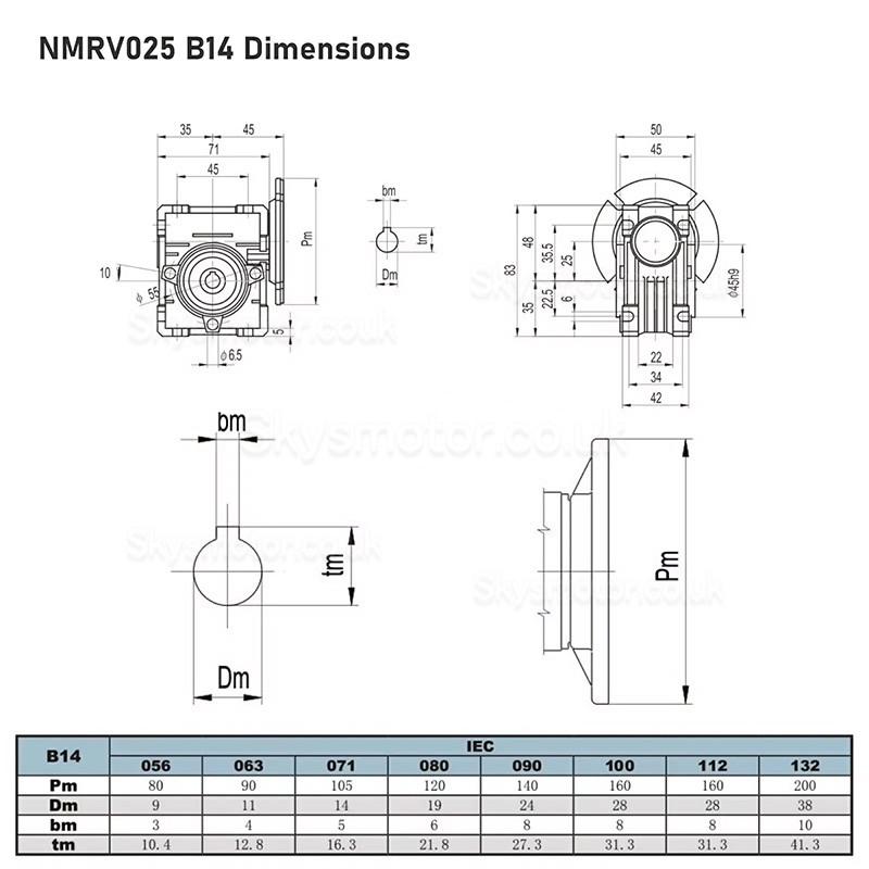 NMRV025 56B14 Worm Gear Reducer Gearbox Ratio 10:1/20:1/30:1/40:1/50:1/60:1 Input Bore 9mm